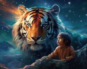 Tiger Cosmic storyteller narrating the myths of the universe - obrazy, fototapety, plakaty