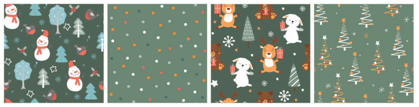  Set of seamless patterns with winter forest, cute animals, snowmen, festive abstract Christmas trees. Vector graphics. © Ирина Горбунова