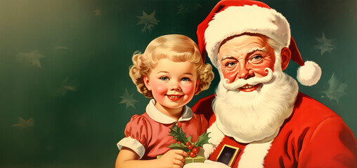 painted vintage style merry christmas card with a happy  santa claus surrounded by happy children, 1940 1950 retro Xmas concept