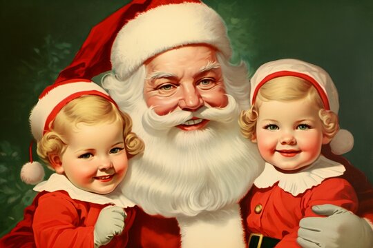 painted vintage style merry christmas card with a happy  santa claus surrounded by happy children, 1940 1950 retro Xmas concept