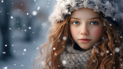 Beautiful girl in winter snowy park	
