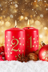Second 2nd Sunday in advent with candle Christmas time decoration portrait format with copyspace...