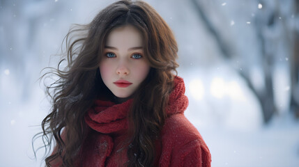 Beautiful girl in winter snowy park	
