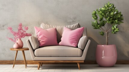 Minimalist interior with armchair and empty picture frame mockup on white concrete wall background