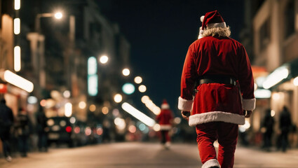 Rear view of Santa Claus on city street at Christmas night, generative ai illustration