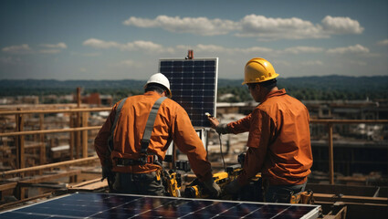 Construction workers installing solar panels on site, generative ai illustration
