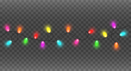 Christmas lights isolated on transparent background. Glowing string.
