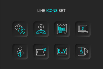 Set line Cup of tea, Buy button, Mail and e-mail, Business investor, Laptop with dollar, Document graph chart, Hierarchy and Gear symbol icon. Vector