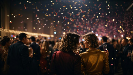 Fototapeta na wymiar People at New Year's Eve party drinking champagne and wine while confetti are falling from the ceiling, generative ai illustration