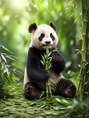Obraz premium Cute young panda eating bamboo leaves, generative ai illustration
