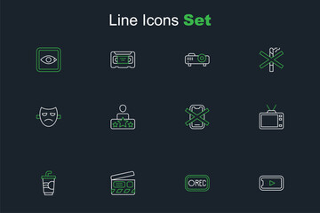 Set line Online play video, Record button, Movie clapper, Paper glass with water, Retro tv, No cell phone, Actor star and Drama theatrical mask icon. Vector