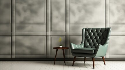 Minimalist interior with armchair on white concrete wall and empty picture frame mockup 3d render