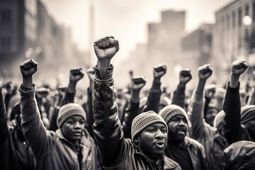 A group of dark-skinned adults raising their fists in protest during a street demonstration. Black History Month - obrazy, fototapety, plakaty