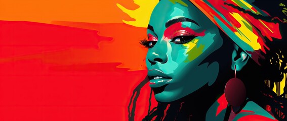 A dark-skinned young woman with vibrant makeup against an abstract red-orange background. Black History Month