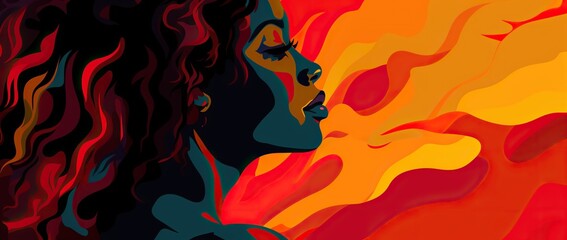 Dark-skinned woman with long hair against a bright abstract fire background. Black History Month - obrazy, fototapety, plakaty
