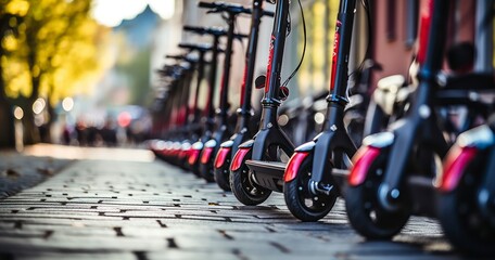 Several red e-scooters stand in a row for rent. Electric scooters waiting at the curb ready to be rented and driven away. generative AI
