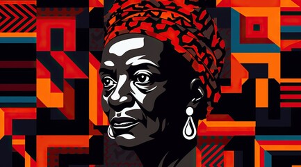 Fototapeta na wymiar Portrait of an elderly dark-skinned woman with a red headwrap against a geometric background. Black History Month
