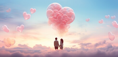 An adult couple in love stands on clouds, holding hands, against the background of the evening sky with clouds and pink balloons in the shape of hearts. Valentine's Day concept - obrazy, fototapety, plakaty