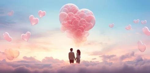 Fotobehang An adult couple in love stands on clouds, holding hands, against the background of the evening sky with clouds and pink balloons in the shape of hearts. Valentine's Day concept © volga