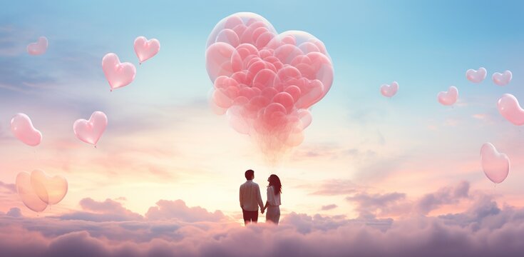 An adult couple in love stands on clouds, holding hands, against the background of the evening sky with clouds and pink balloons in the shape of hearts. Valentine's Day concept