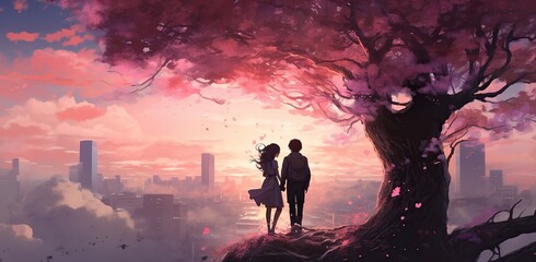 Two young people are standing in front of a pink flowering tree, looking at the cityscape at dusk. Valentine's Day concept