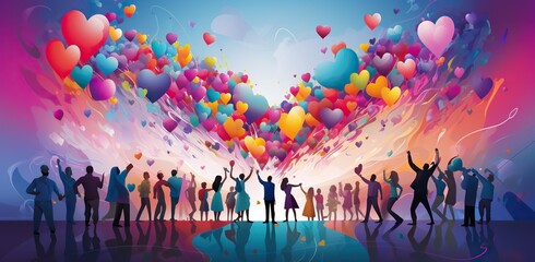 Abstract figures of adults cheerfully raise their hands towards balloons in the shape of hearts against the background of the sky flooded with light. Valentine's Day Concept Valentine's Day concept