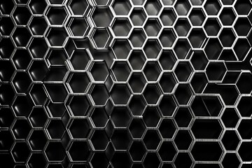 Abstract metallic grid design with a honeycomb pattern in black and white. Generative AI