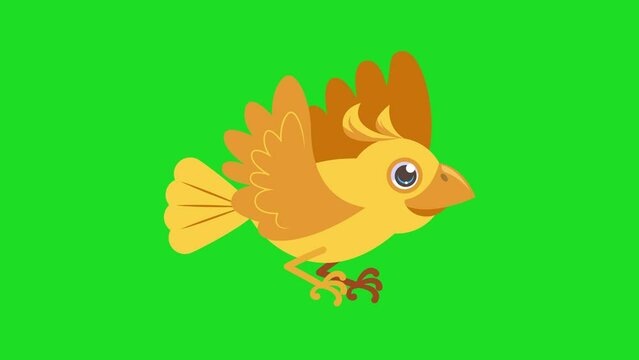Yellow bird flying cartoon animation loop with green screen background