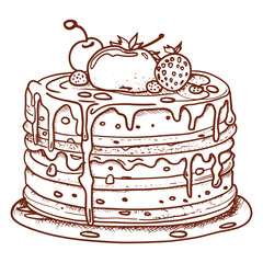 Vector sketch of desserts with cream. Cake, ice cream, pastries with a drop of syrup. sketch of desserts. A piece of cake with a berry is a handmade drawing. Vintage style illustration for cafe design