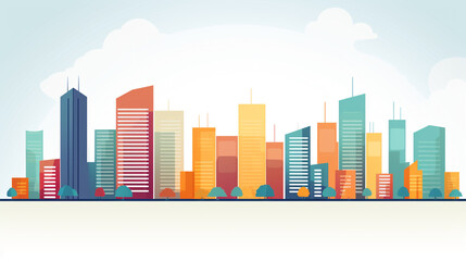 Skyline of a big city filled with skyscrapers. 2D flat image illustration of buildings in various colors.
