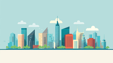 Skyline of a big city filled with skyscrapers. 2D flat image illustration of buildings in various colors. - obrazy, fototapety, plakaty