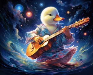 Duck Quantum composer harmonizing with cosmic vibrations