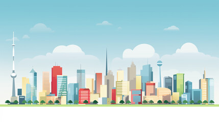 Skyline of a big city filled with skyscrapers. 2D flat image illustration of buildings in various colors.