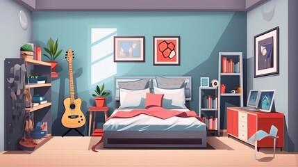 Stylish teenager room interior with comfortable bed. generative ai