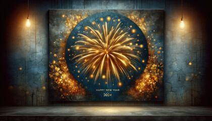 Happy New Year 2024 - Festive silvester New Year's Eve Party background greeting card - Golden fireworks in the dark blue night.