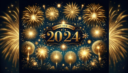 2024 Happy New Year holiday Greeting Card banner - Golden year, glitter stripes and firework fireworks pyrotechnics on black night texture background