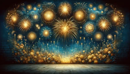 Fotobehang Sylvester, happy new year, new year's eve 2024 background banner - Golden firework fireworks pyrotechnics on dark black night sky © Prime Lens