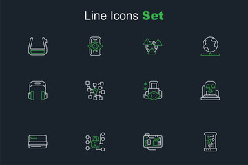 Set line Cryogenic capsules, Motherboard, Cyber security, Credit card, Radioactive warning lamp, Neural network and Headphones icon. Vector