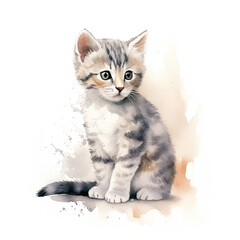 British shorthair kitten. Stylized watercolour digital illustration of a cute cat with big green eyes.