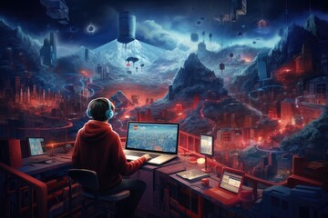 Un jeune homme devant son ordinateur dans un monde futuriste - obrazy, fototapety, plakaty
