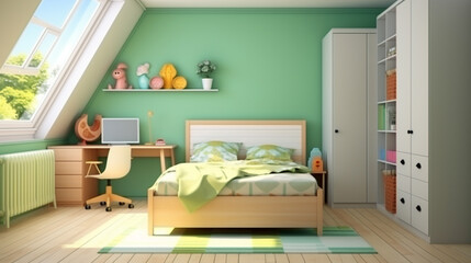 Modern teenager room interior with comfortable bed and beautiful. generative ai