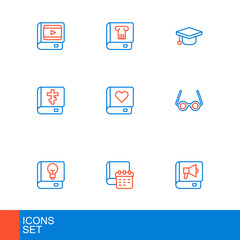 Set line Book, Daily paper notepad, User manual, Glasses, Holy bible book, Romance, Graduation cap and History icon. Vector