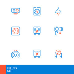 Set line Magnet, Electric meter, Tee plug electric, Hair dryer, Power button, Electrical panel, Lamp hanging and Washer icon. Vector