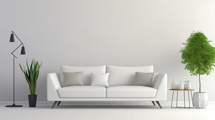 Modern white sofa on legs cushions on grey carpet in middle minimalistic living room. generative ai