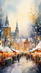 Fototapeta na wymiar Traditional Christmas market in Germany watercolor illustration background. Weihnachtsmarkt.