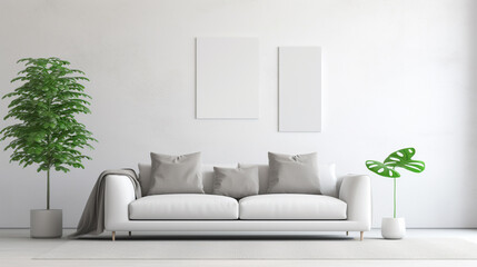 Modern white sofa on legs cushions on grey carpet in middle minimalistic living room. generative ai
