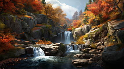 perfect autumn and waterfall landscape with oil painting effect 