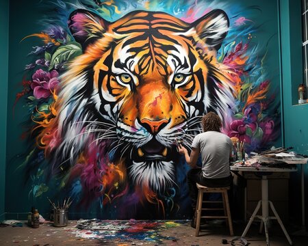 Tiger Artist creating a vibrant mural on a school