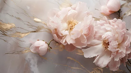 Deurstickers Pioenrozen A marble canvas reveals veins like rivers of silver. Pale pink peonies. Art design for wedding, jewel, gem, fashion, opulence, glamour. 