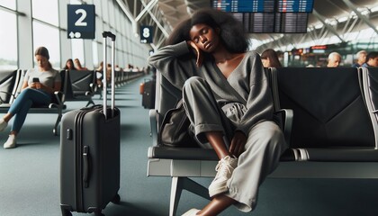 Photo of a weary traveler at an airport, a African female dressed in casual attire, seated with their eyes closed and leaning against their luggage, embodying the fatigue of journey - obrazy, fototapety, plakaty